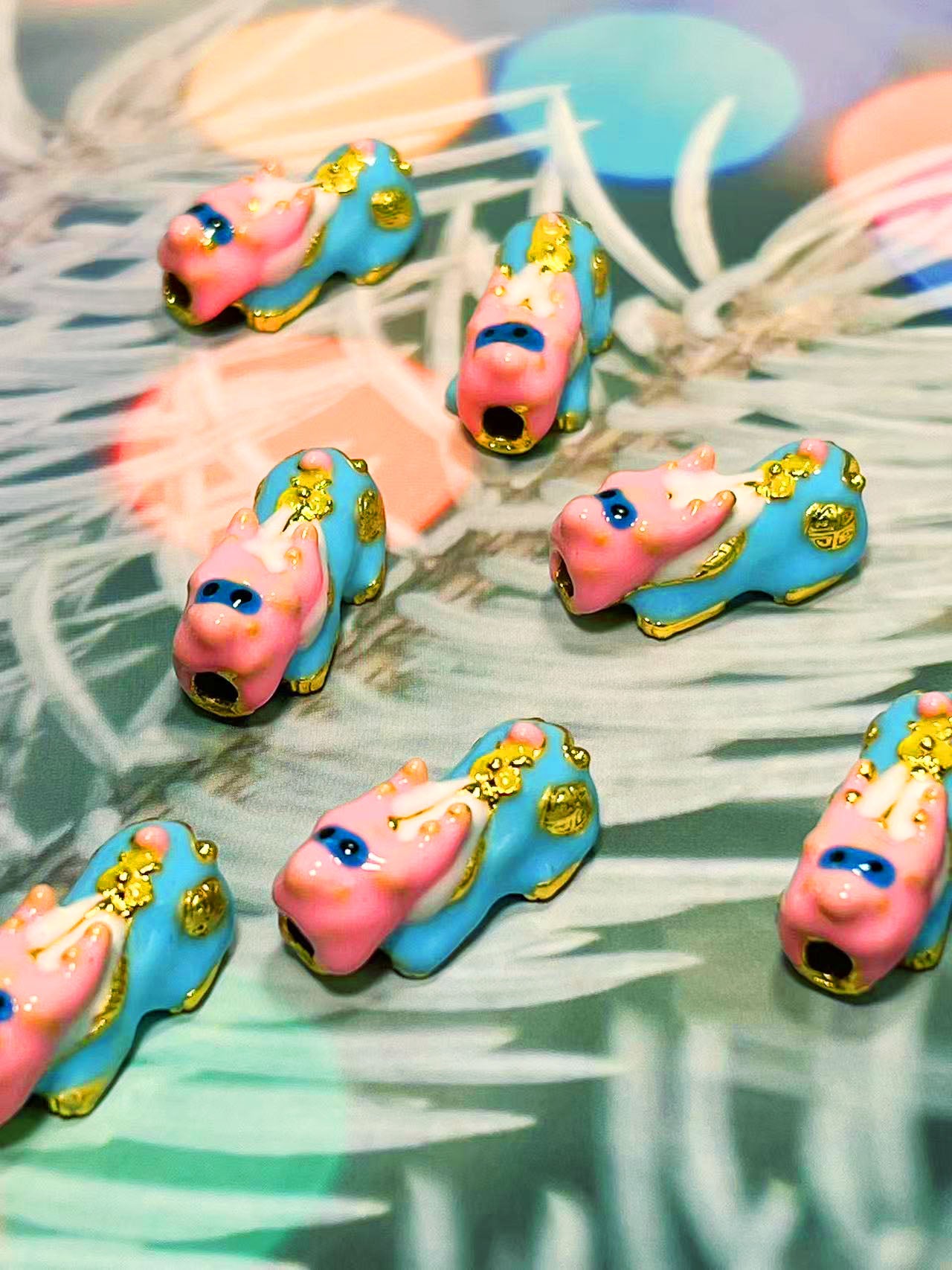 🔹 10×25mm ヒキュウ・銅パーツ(パステルブルー×ピンク×ゴールド)✨🐉💖