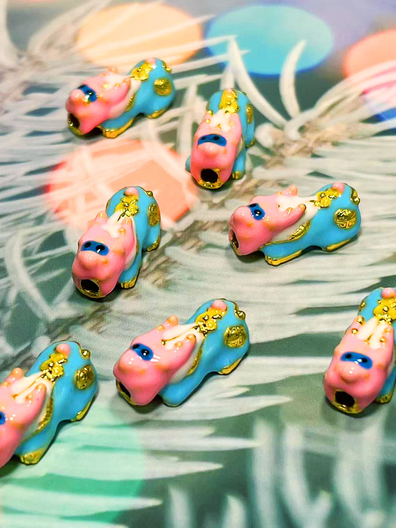 🔹 10×25mm 開運ヒキュウ・風水銅パーツ（パステルブルー×ピンク×ゴールド）✨🐉💖