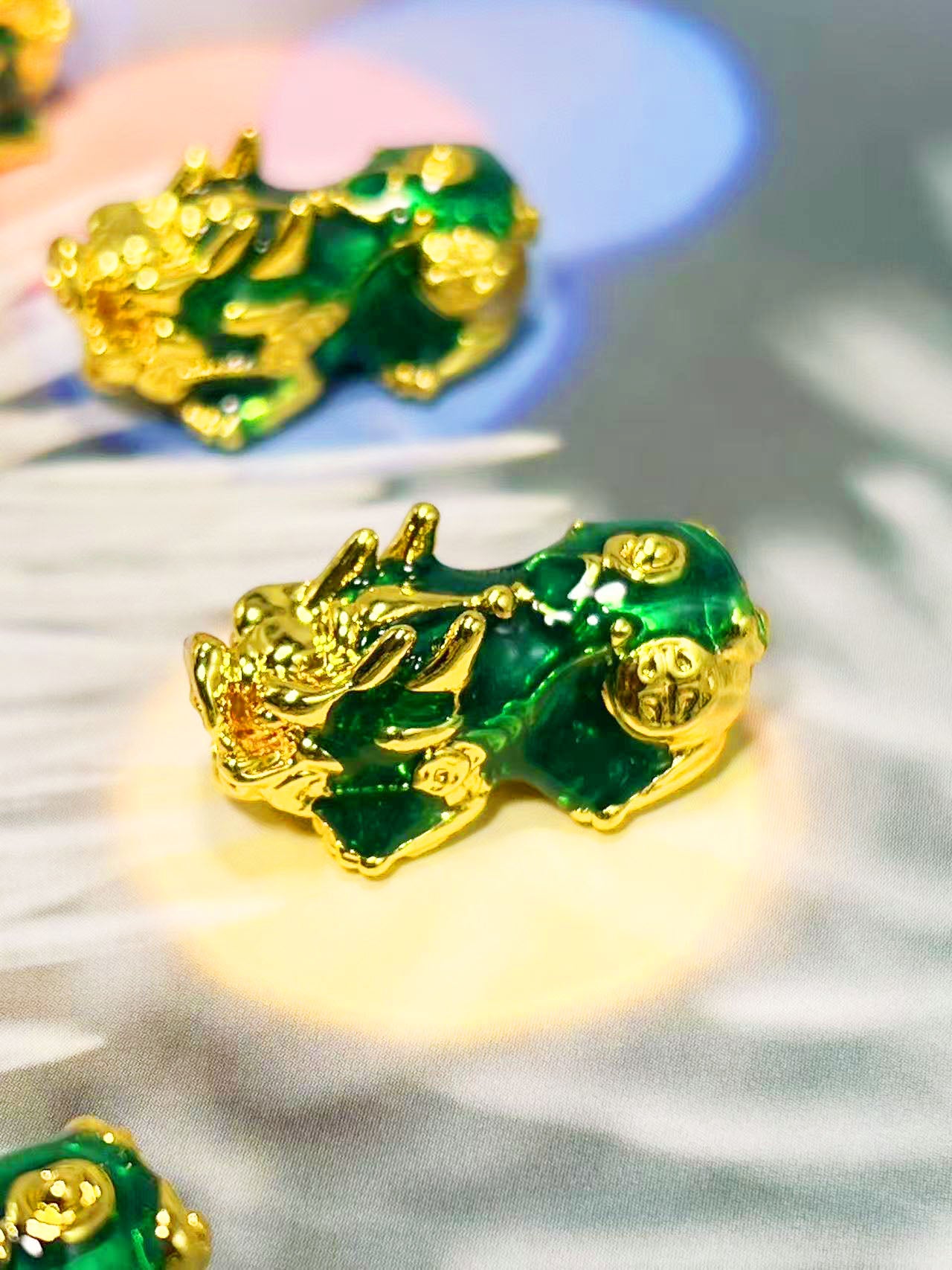 🔹 10×25mm 開運ヒキュウ・風水銅パーツ（グリーン×ゴールド）✨🐉🍀