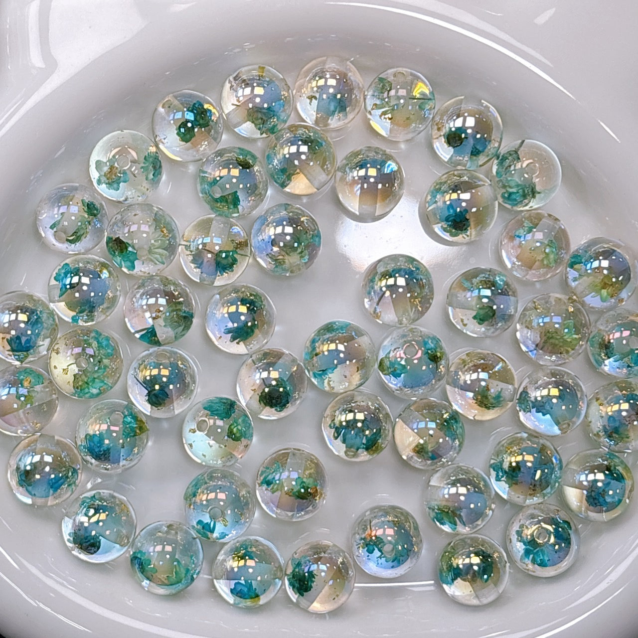 夢花綴シリーズ No.1緑 ドライフラワー・金箔入り 光学ビーズ 16㎜