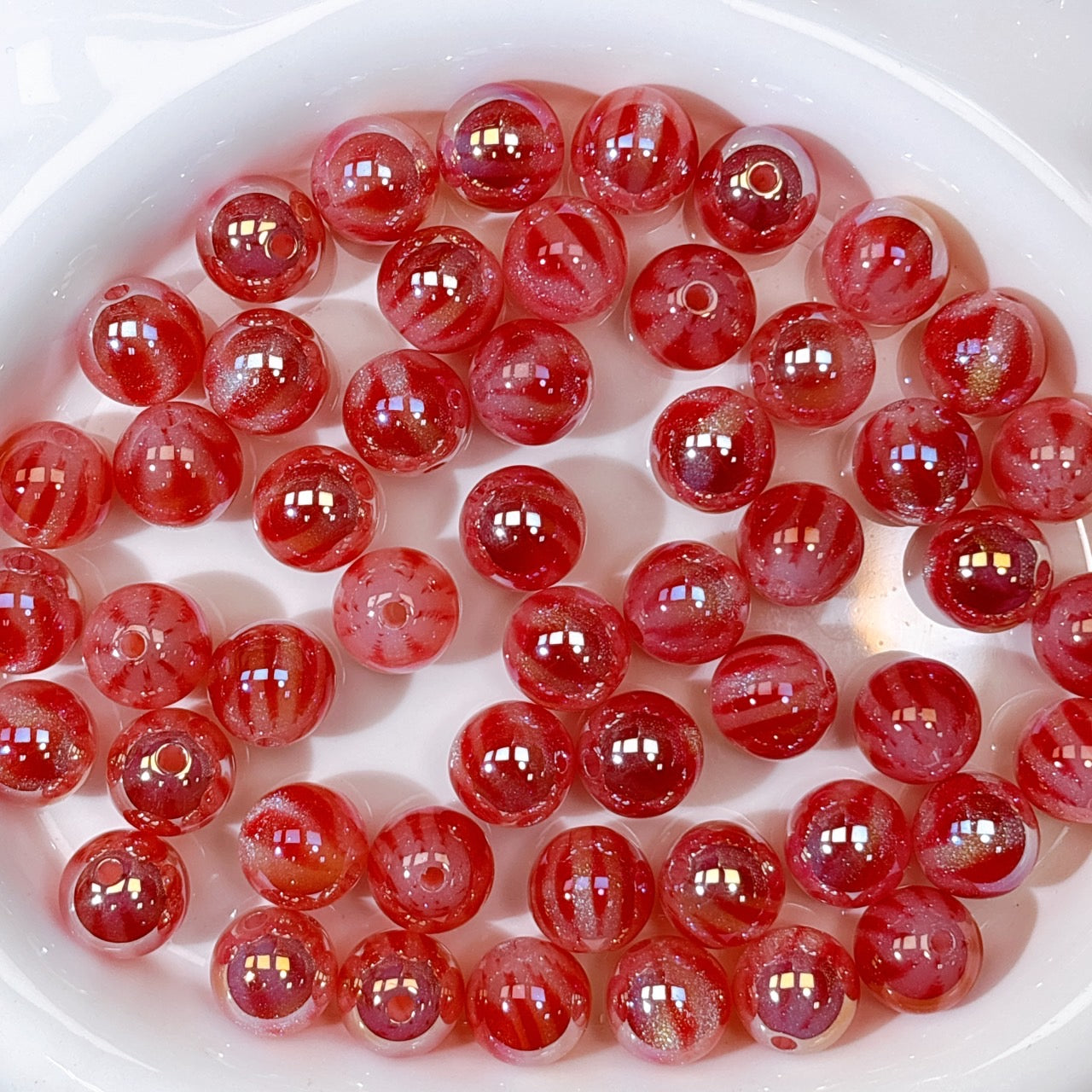 ふんわり縞模様 赤色 光学ビーズ 16㎜